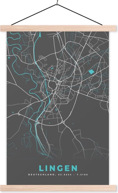 Posterhanger incl. Poster 40x60 cm - Schoolplaat - Stadskaart – Kaart – Lingen – Blauw – Duitsland – Plattegrond - Textielposter - Blanke latten - Stadskaart
