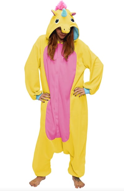 KIMU® Onesie Gele Eenhoorn Pak - Maat S-M of 158-164 - Eenhoornpak Unicorn Kostuum Geel - Unicornpak Jumpsuit Pyjama Pyjama Dames Heren Festival