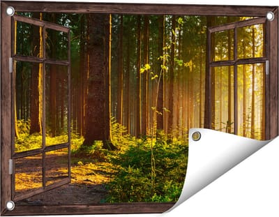 Gards Tuinposter Doorkijk Bos met Zon tussen de Bomen - 60x40 cm - Tuindoek - Tuindecoratie - Wanddecoratie buiten - Tuinschilderij