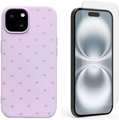 Hoesje en Glas Geschikt voor iPhone 15 - Paars - Casemania Stevige Siliconen Back Cover met Hartjes Print - 1x Glazen Screenprotector