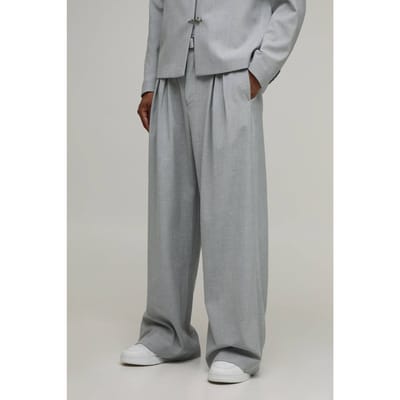 Pantalon De Costume Large À Double Plis Et Ceinture Ajustée | Grey | Size 28