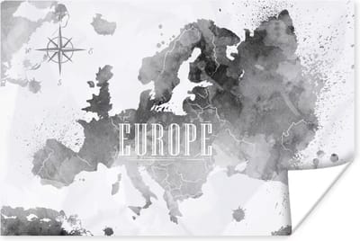 Poster 30x20 cm - Waterverf - Wereldkaart - Zwart - Posters - Kamer decoratie - Wanddecoratie woonkamer - Muurdecoratie slaapkamer