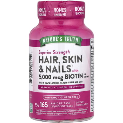 Nature's Truth, haar, huid, nagels, biotine-bevattend, superieure sterkte, direct-vrijkomende vloeibare softgel, 165 tabletten
