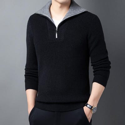 Herfst en Winter Mannen Omkeerbare Col Halve Rits Verdikte Warme Wol Trui Losse Casual Effen Kleur Gebreide Mannen Trui Trendy 3XL black