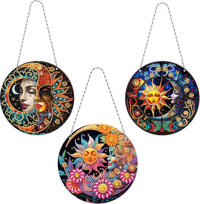 Adorzy Diamond Painting Raamhangers – 3 stuks – Zonvanger - Diamond Painting Volwassenen – Diamond Painting Kinderen – Raamhangers Zon en Maan