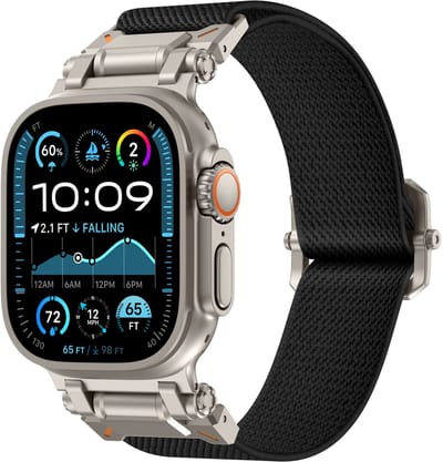 Strap-it 'Explorer' Polyester band met klemsluiting - geschikt voor Series Apple Watch 1/2/3/4/5/6/8/9/10/11/SE(2-3)/Ultra(2-3) - Grote maten 44mm / 45mm / 46mm / 49mm (zwart met titanium connectors)
