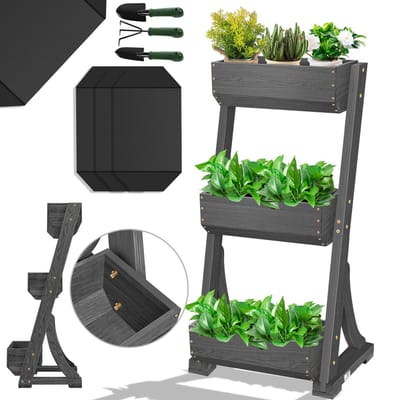 KESSER® Verticale Tuin met 3 Plantenbakken - Kweekbak voor Terras Balkon & Tuin inclusief Tuinvlies verticale Plantenbak met 3 vakken - Antraciet