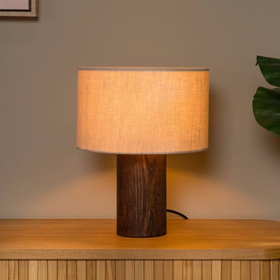 Lucide tafellamp Tachina, hoogte 31 cm, bruin/naturel, hout/stof