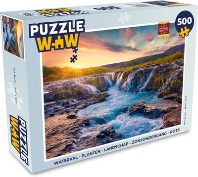 Puzzel Waterval - Planten - Mos - Landschap - Zonsondergang - Rots - Legpuzzel - Puzzel 1000 stukjes volwassenen