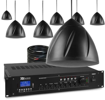 Power Dynamics 100V geluidsinstallatie met 8 hangende speakers en 4-zone versterker - 240W - Zwart