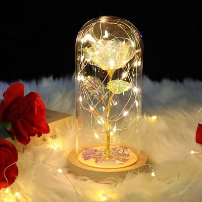 Eeuwige Roos - Glazen Koepel - Cadeau Geven - Met LED-lichtstrip - 11 x 11 x 21 cm - Kleurrijk