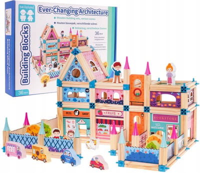 Playos® - Houten Poppenhuis - Princessen - Bouwblokken - 278 Delig - Roze - 36+ maanden - Blokken - Blauwe Doos