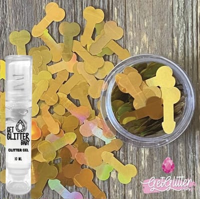 GetGlitterBaby® - Gouden Piemel Chunky Festival Glitters voor Lichaam en Gezicht / Face Body Jewels Glitter Vrijgezellenfeest / Gay Pride - Piemels / Penis Goud Gold + Glitter HuidLijm