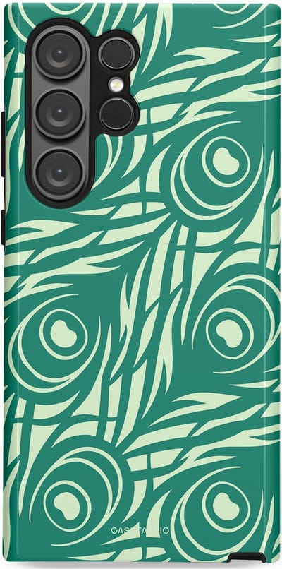 Casetastic hoesje geschikt voor Samsung Galaxy S23 Ultra - Dubbellaagse bescherming - Troste Turquoise Pauw Veren - Fashion Case - Turquoise Mintgroen Crème