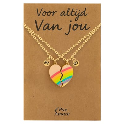 Koppel Ketting voor 2 'Voor altijd van jou' - Magnetisch Regenboog Hartje - Vriendschapsketting op Cadeau Kaartje - 45cm + 5cm verstelbaar - Goudkleurig - Persoonlijke Hanger - Pax Amare