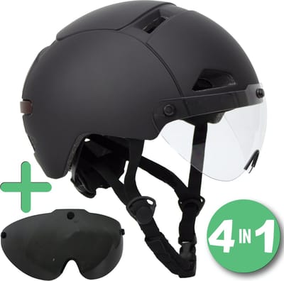 Speed pedelec helm Zwart met vizier en verlichting – 4 in 1 - 2 Vizieren – NTA 8776 - Maat L 58-61 cm – Snorscooter helm - Snorfiets Helm blauw kenteken - Fatbike helm