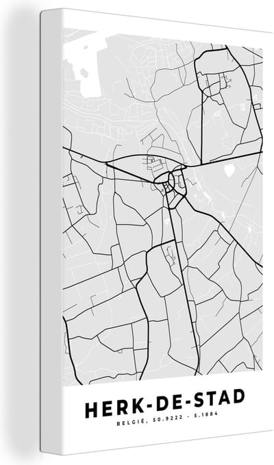 Canvas Schilderij Stadskaart – Plattegrond – België – Zwart Wit – Herk de Stad – Kaart - 20x30 cm - Wanddecoratie