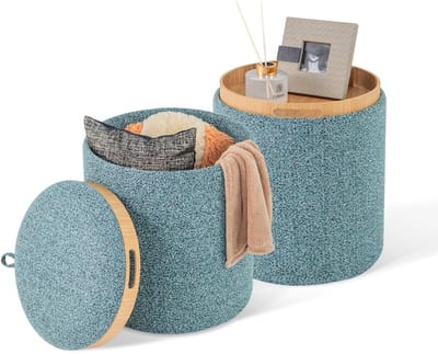 COSTWAY Kruk, set van 2, ronde voetenbank met opbergruimte en omkeerbaar deksel, make-uptafelkruk, gevoerde voetenbank voor woonkamer, slaapkamer, blauw