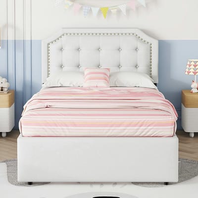 VVBV Gestoffeerd Bed met Opbergruimte 90x200 cm met Bureau, Lades - Beige