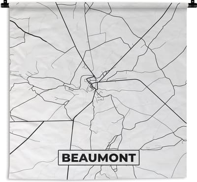 Wandkleed - Wanddoek - België – Beaumont – Stadskaart – Kaart – Zwart Wit – Plattegrond - 180x180 cm - Wandtapijt