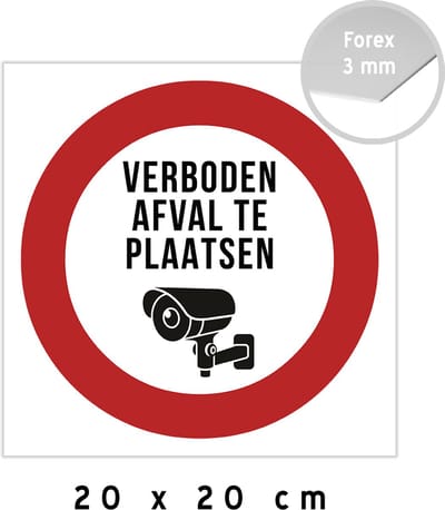 Pictogram/ bord | "Verboden afval te plaatsen" + camerabewaking | 20 x 20 cm | Sluikstorten | Propere buurt | Kunststof | Afvalcontainer | Forex | 1 stuk