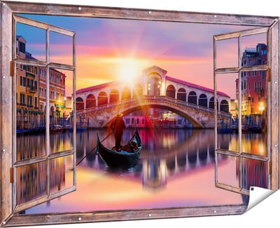 Gards Tuinposter Doorkijk Gondel bij de Rialtobrug in Venetië, Italië - 180x120 cm - Tuindoek - Tuindecoratie - Wanddecoratie buiten - Tuinschilderij