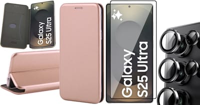 Hoesje geschikt voor Samsung Galaxy S25 Ultra - Screenprotector Glas & Camera - Wallet Book Case Rosegoud
