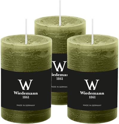 Wiedemann Cilinderkaars/stompkaars - 3x - rustieke kaars - olijfgroen - 6 x 9 cm - 30 branduren
