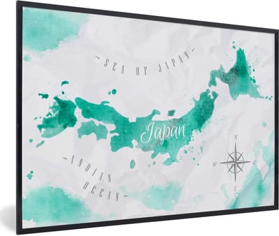 Poster in lijst - Fotolijst 90x60 cm - Posters - Wereldkaart - Turquoise - Abstract - Posterlijst zwart - Decoratie - Wanddecoratie woonkamer - Muurdecoratie slaapkamer