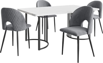Gotagee Tafelset met 4 stoelen Grijs fluwelen Eetkamerstoel Verstelbare stoelpoten Keukentafelset met MDF tafelblad in wit Zwarte tafelpoten