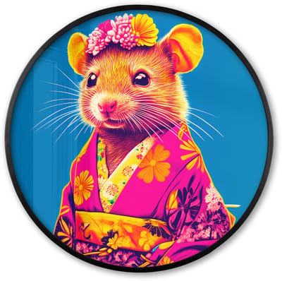Poster in lijst Rond - Fotolijst 60x60 cm - Posters - Muis - Kimono - Bloemen - Blauw - Ronde posterlijst zwart - Decoratie - Wanddecoratie woonkamer - Muurdecoratie slaapkamer