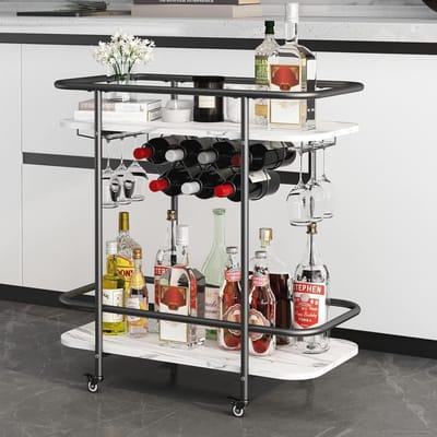 2 Tier Mobiele Dranken Trolley - Modern Serveertrolley met Wijnrek en Glazen Houder