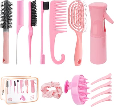 Dailygoods - Set met 14 haarborstels, bestaande uit een transparante make-uptas, een spuitfles, een haarborstel, een borstel voor de hoofdhuid en haarspelden