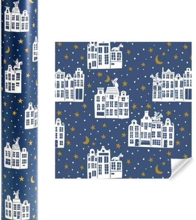 Cadeaupapier - Sinterklaas "Over de daken" - (3 STUKS) – 200×50 cm – Blauw met Sterren, Maan & Huisjes – Inpakpapier – Feestelijk – Sint Thema
