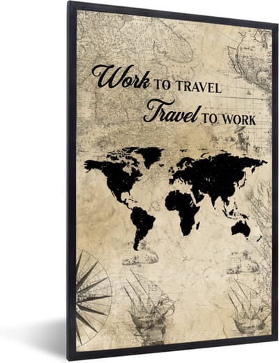 Poster in lijst - Wereldkaart - Vintage - Quotes - Bruin - Fotolijst - Wanddecoratie - Poster - Slaapkamer - Kader - 60x90 cm - Kamerdecoratie - Foto in lijst - Muurdecoratie - Poster frame