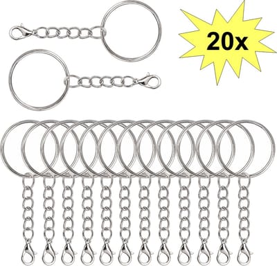 Fako Bijoux - Sleutelringen Met Karabijnsluiting - Sleutelhanger Ringen - Splitringen Met Ketting - 25 mm - 20 Stuks