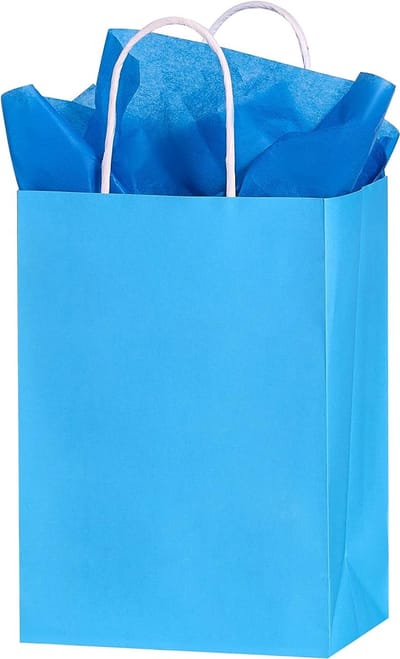 50 Papieren Draagtassen – Blauw Kraftpapier – Met Gedraaide Handvatten – 22 x 10 x 28 cm
