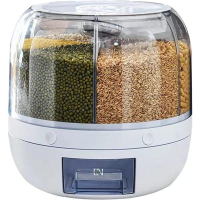 360° Draaibare Graandispenser Graanopslagdoos Transparante Afgesloten Pot Ronde Keuken Rijstemmer Insectenbestendige Rijsttank 23x23cm&6 cells wit