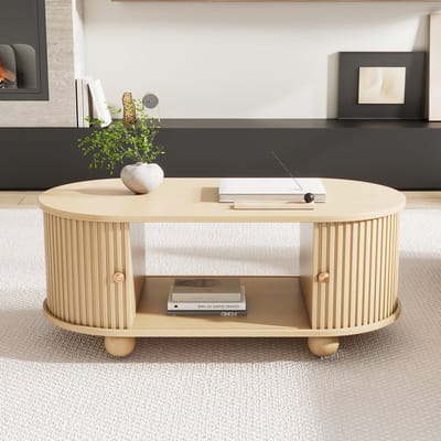 REDOM - Ovale Salontafel - Met Schuifdeuren En Opbergruimte - Industrieel - Voor Woonkamer - MDF - Houtkleur - 100 X 50 X 40 Cm