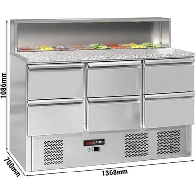 GGM Gastro Saladette ECO - 1368mm - 6 Schubladen - mit Edelstahlaufsatz für 8x GN 1/6 Zilver