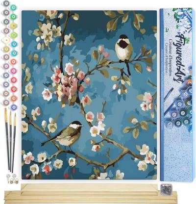 Figured'Art Schilderen op Nummer Volwassenen canvas Bloemen en vogels - Handwerk acrylverf Kit DIY Compleet - 40x50cm met DIY houten lijst