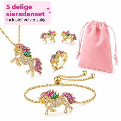 Haar in Stijl | Unicorn Sieradenset Goud voor kinderen | Armband Ketting Ring en Oorbellen