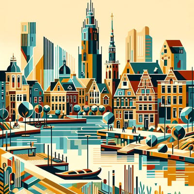 Modern groningen schilderij | Urban Expression: Abstracte weergave van bruisend Gronings stadsleven | Kunst - 40x40 centimeter op Canvas | Foto op Canvas