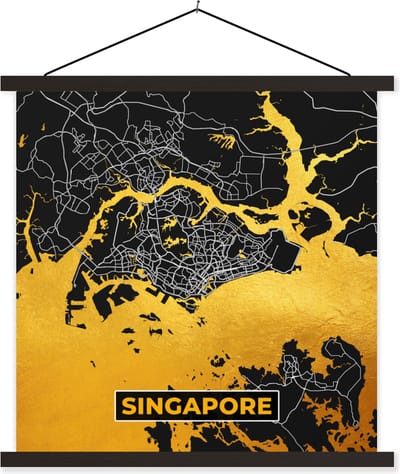 Posterhanger incl. Poster 60x60 cm - Schoolplaat - Singapore - Goud - Plattegrond - Stadskaart - Kaart - Textielposter - Zwarte latten - Stadskaart