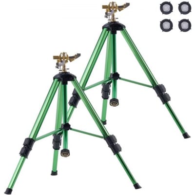 VEVOR driepoot-impulssproeier, 2 stuks, gazonsproeier met messing kop en G3/4 inch aansluiting, 360° tuinirrigatie, sproeihoogte verstelbaar van 430 tot 940 mm, ronde sproeier, sproeier, driepootsproeier