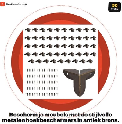 Dailygoods- Hoekbescherming 50 stuks - Metalen hoekbeschermers - Randbescherming - IJzer - Antiek brons - Inclusief 100 schroeven - Hoekbeschermer