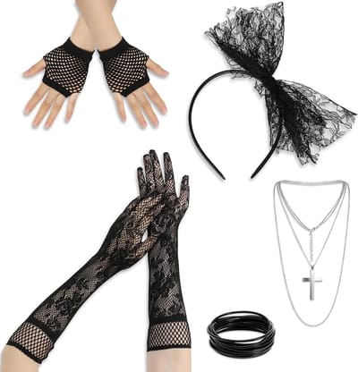 Retro 80s Kostuum Accessoires Set met Haarband, Armband, Handschoenen, Oorbellen en Ketting voor Feestelijke Carnavalsoutfits en Themafeesten