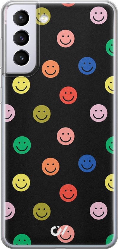 Hoesje geschikt voor Samsung Galaxy S21 hoesje - Retro Smileys - - Zwart - - Casevibes