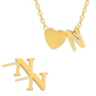 Initiaal Ketting & Oorbellen set met Letter N Goudkleurig - Stainless Steel - Met letter & Hartje! - 2x Sieraden Cadeau - Pax Amare