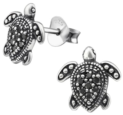 Joy|S - Zilveren schildpad oorbellen - 10 mm - zirkonia zwart - geoxideerd